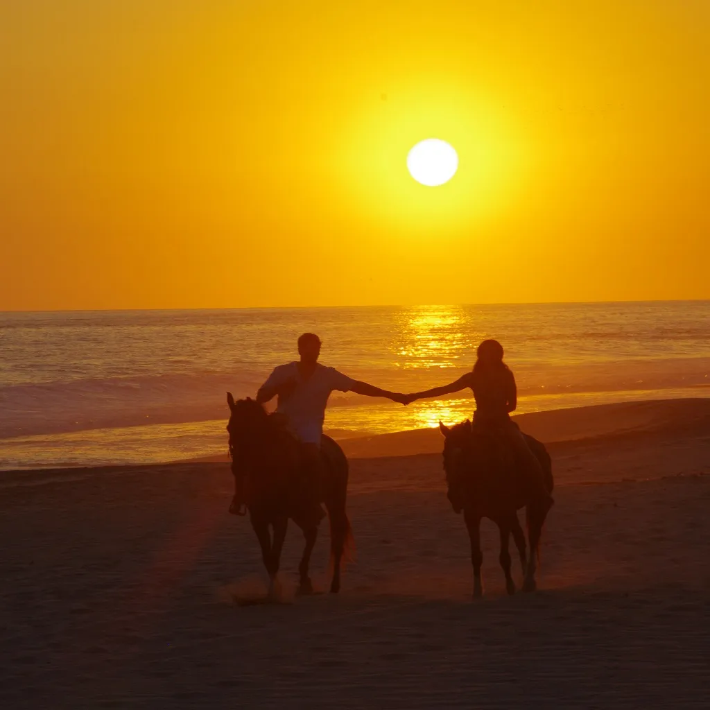 Couple on horseback at sunset